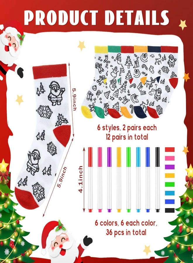 ShinyMatch 12 Pairs Doodle Socks Color Your Own Socks DIY Drawing Craft Arts with 48 Pcs Markers(Christmas) - Image 2